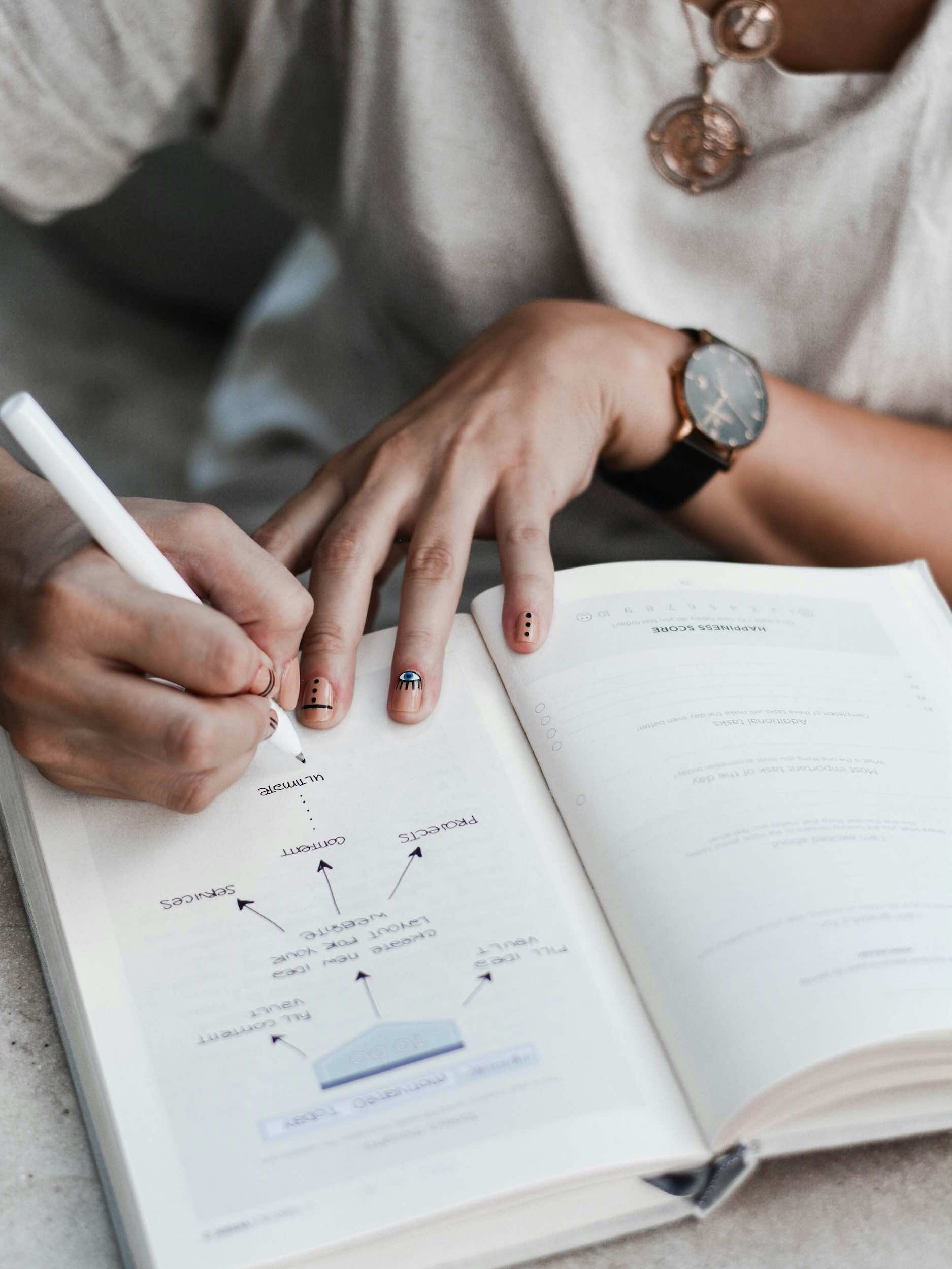 Person writing in a guided workbook with a business diagram, symbolizing strategic planning for sustainable solo businesses