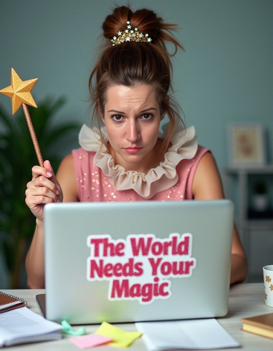 A woman dressed whimsically in a pink ruffled outfit and star crown sits at a desk with a laptop that reads “The World Needs Your Magic.” Holding a glittery wand and looking overwhelmed, she captures the humorous reality of creative entrepreneurs trying to stay inspired while working online. By Jamie Sabot of A Season of Stories.