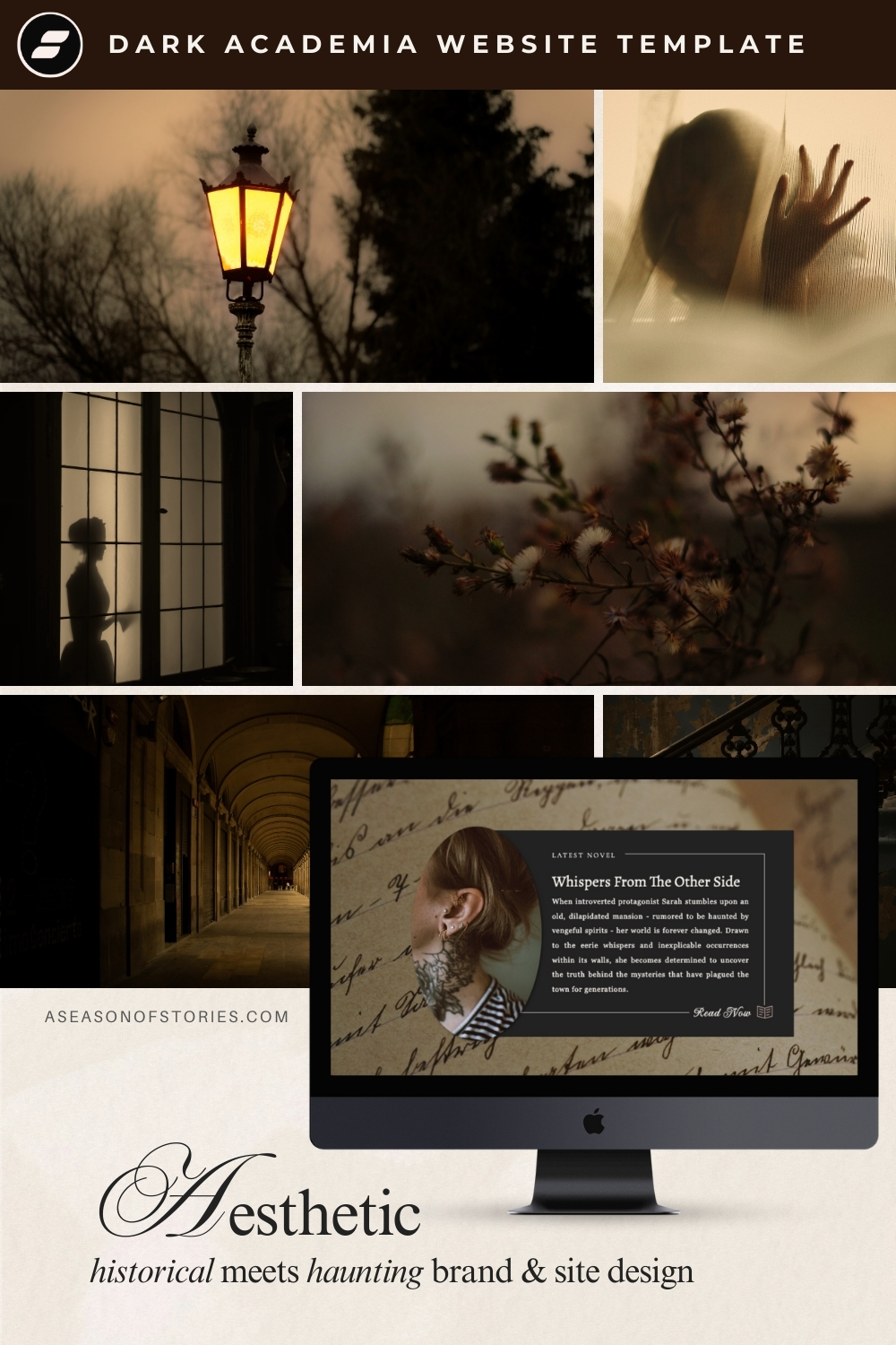 Collage of moody gothic images with a glowing streetlamp, misty florals, shadowy hallway, and vintage silhouette, leading to a computer mockup showing a dark academia website template with textured script background.