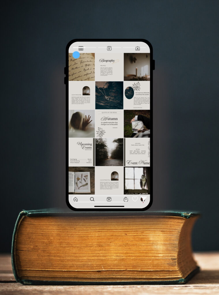 Phone mockup displaying a gothic Instagram grid, resting on an antique book. Perfectly styled for the dark academia aesthetic with muted, moody tones and autumn charm.