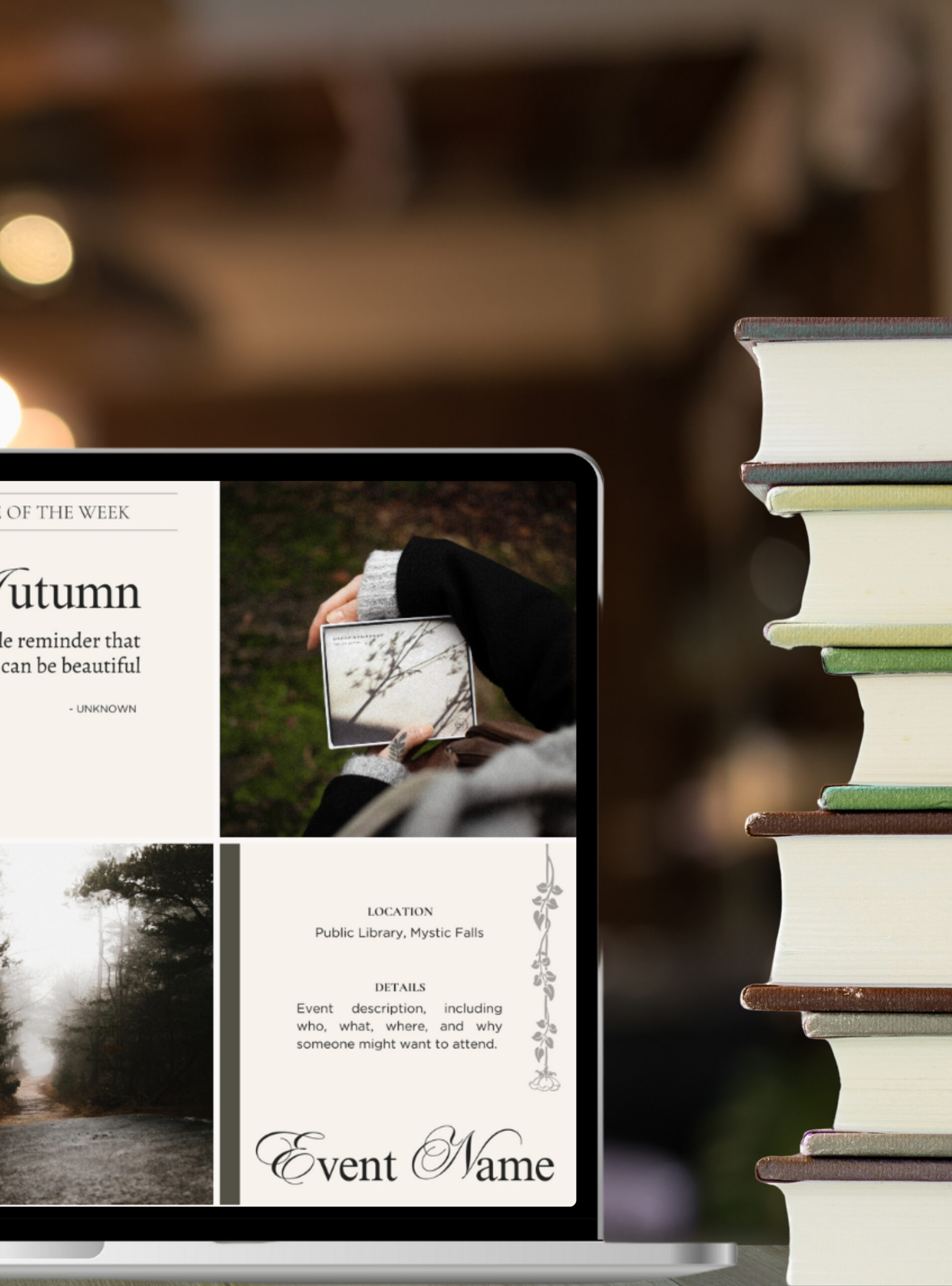 Mockup of a laptop displaying a minimal, dark academia–inspired Instagram post template with neutral tones and moody imagery. A stack of books sits nearby, creating a cozy library feel and showcasing how the template looks in real life.