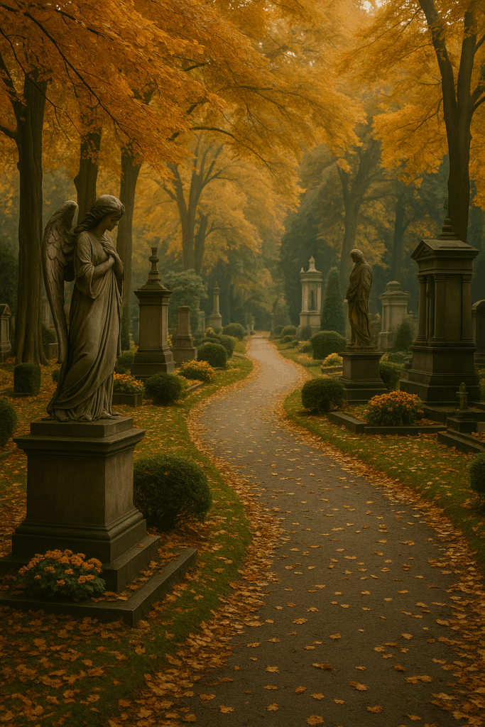 A peaceful autumn cemetery path lined with angel statues, gravestones, and golden leaves scattered along the walkway under vibrant fall trees.