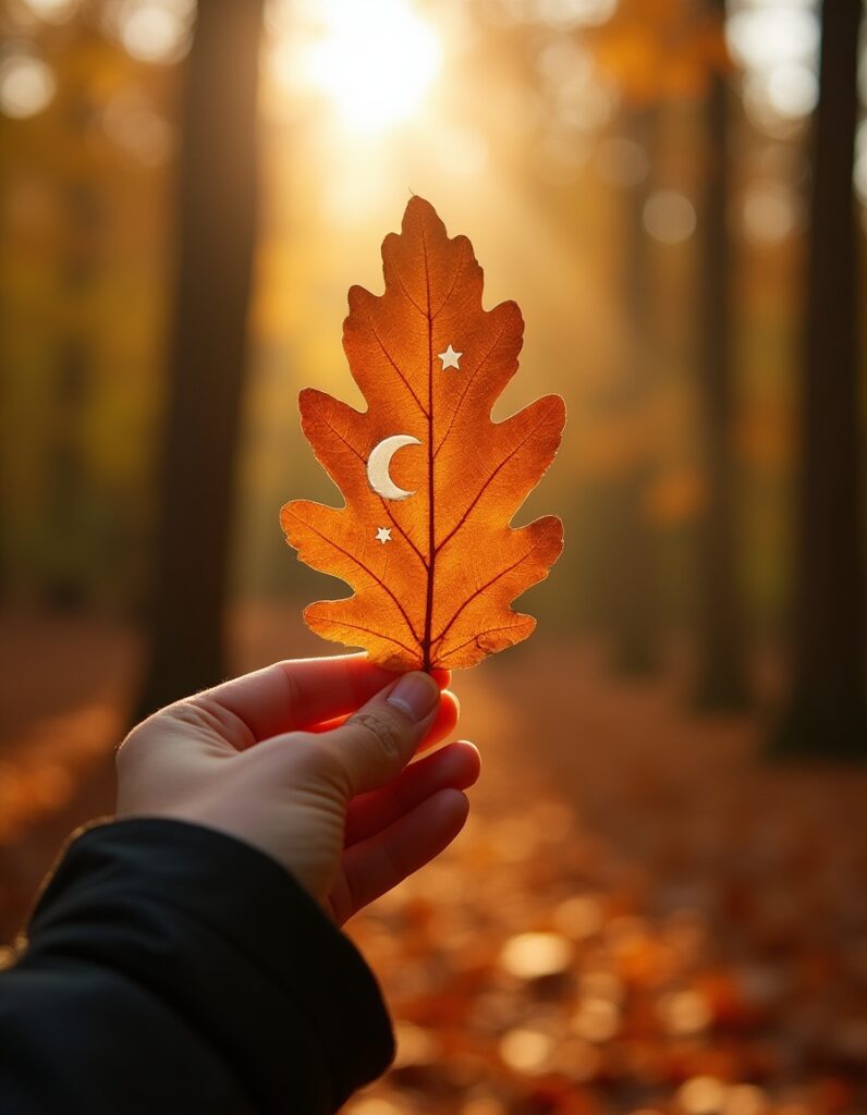 Close-up of a hand holding an orange autumn leaf with crescent moon and star cutouts, glowing in the golden sunlight of a forest. The background is softly blurred, evoking a cozy, magical fall atmosphere.