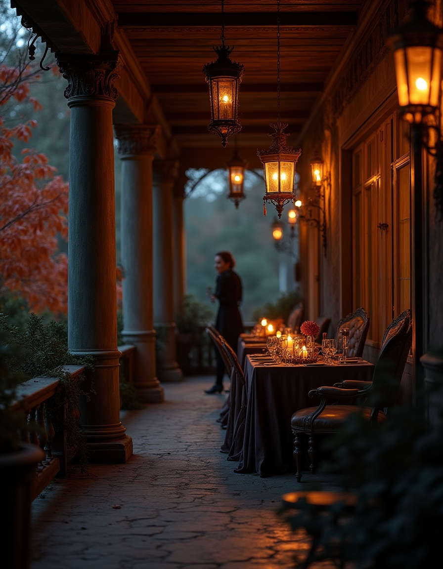 Candlelit autumn dinner table set on a historic porch with hanging lanterns and vintage chairs.