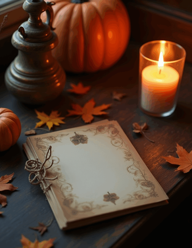 Autumn stationery with vintage paper, pumpkins, candle, and scattered leaves on a wooden table.