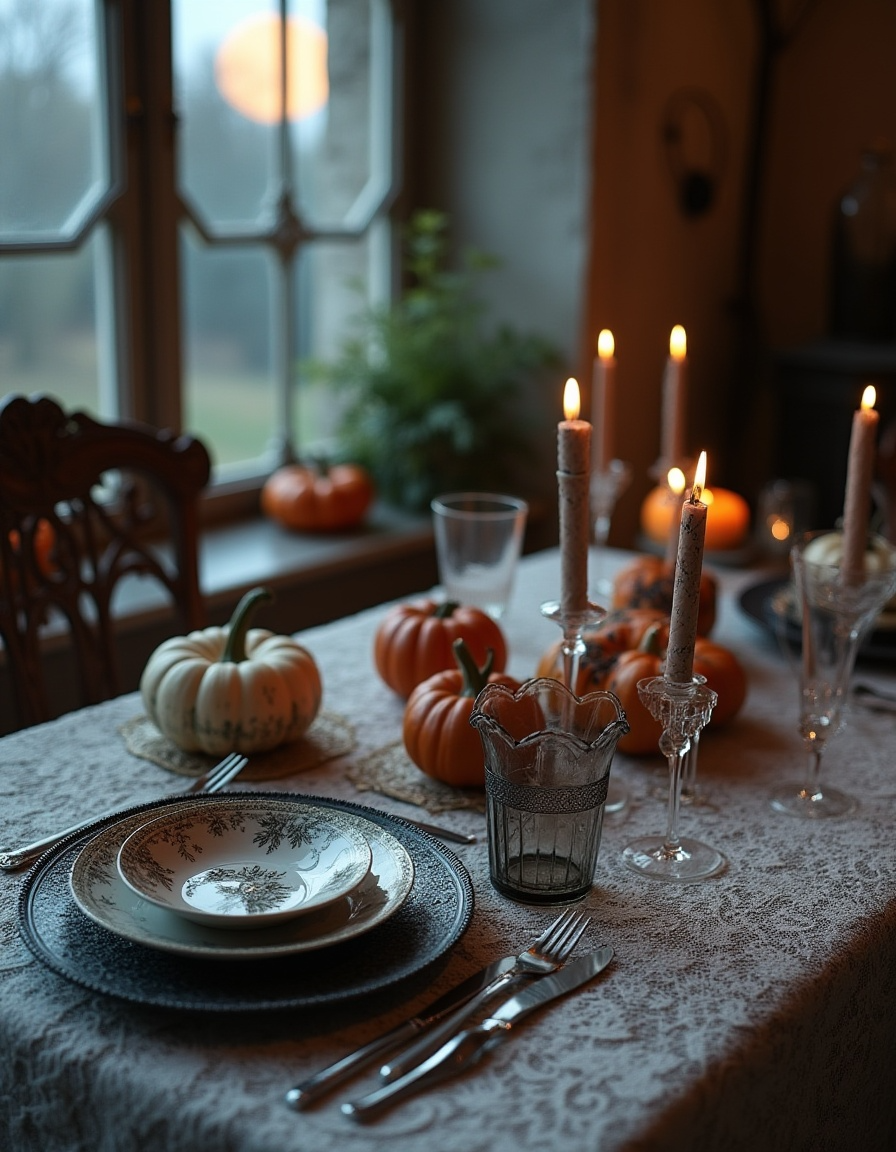 Autumn table decorated with candles, lace tablecloth, vintage china, and small pumpkins by a window at sunset.