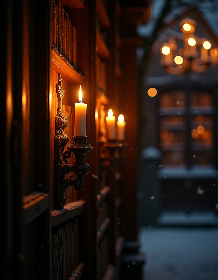 Close-up of a candle burning on an ornate wall sconce beside a bookshelf, with snow lightly dusting the shelves. Warm golden light and blurred chandelier glow create a cozy, gothic library atmosphere.