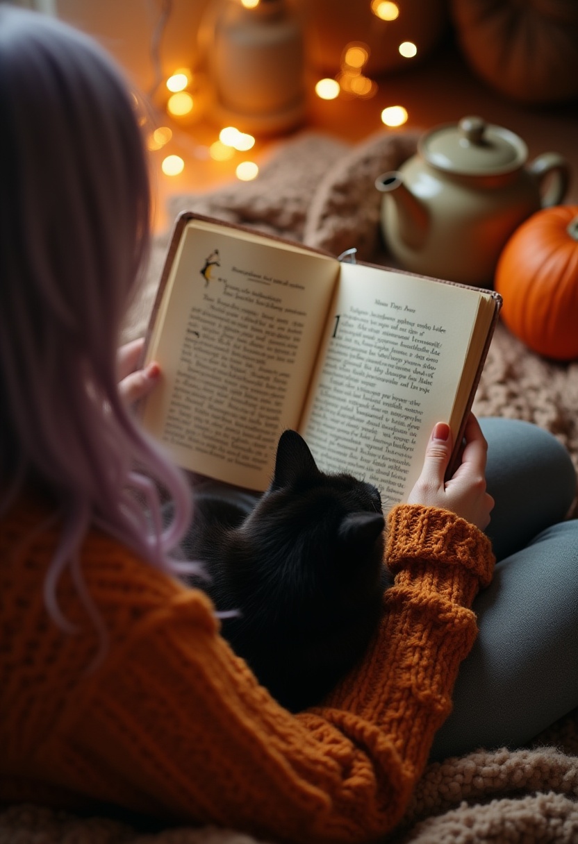Woman in a cozy orange sweater reading a book with a black cat on her lap, surrounded by pumpkins, teapot, and warm fairy lights.