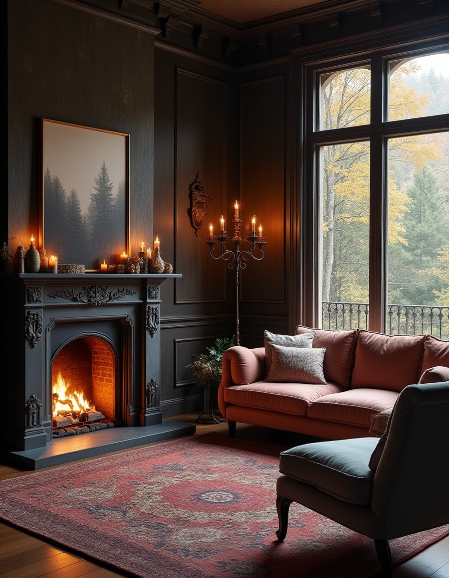 Elegant gothic-inspired living room with candlelit fireplace, dark moody walls, and autumn atmosphere.