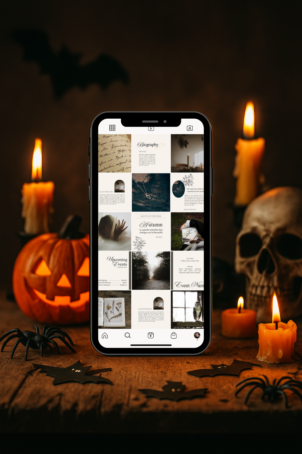 Smartphone mockup showing a dark academia Instagram feed, surrounded by glowing candles, a carved jack-o’-lantern, skull décor, and paper bats — perfect for promoting moody fall aesthetic Instagram templates.