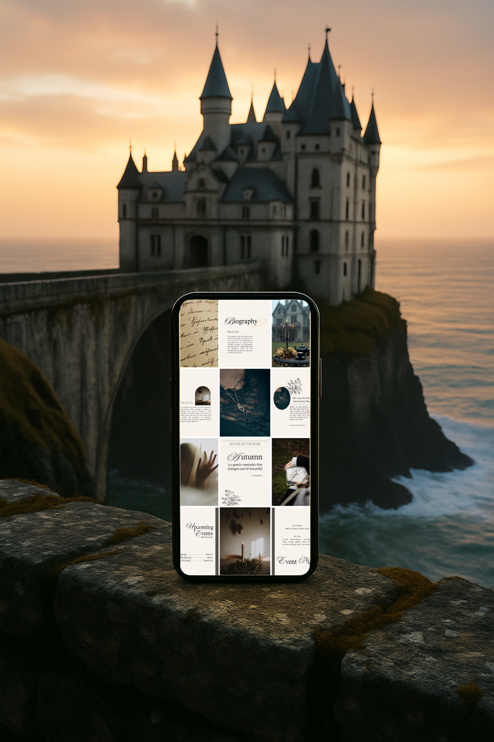 Phone mockup showing Dark Academia Instagram templates with gothic aesthetic designs, displayed in front of a dramatic castle at sunset.