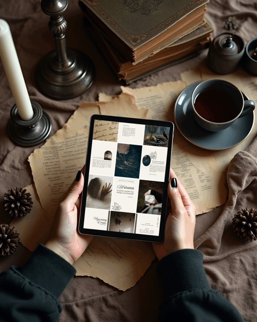 Flat lay of dark academia Instagram templates on a tablet with vintage books, candlelight, and tea.
