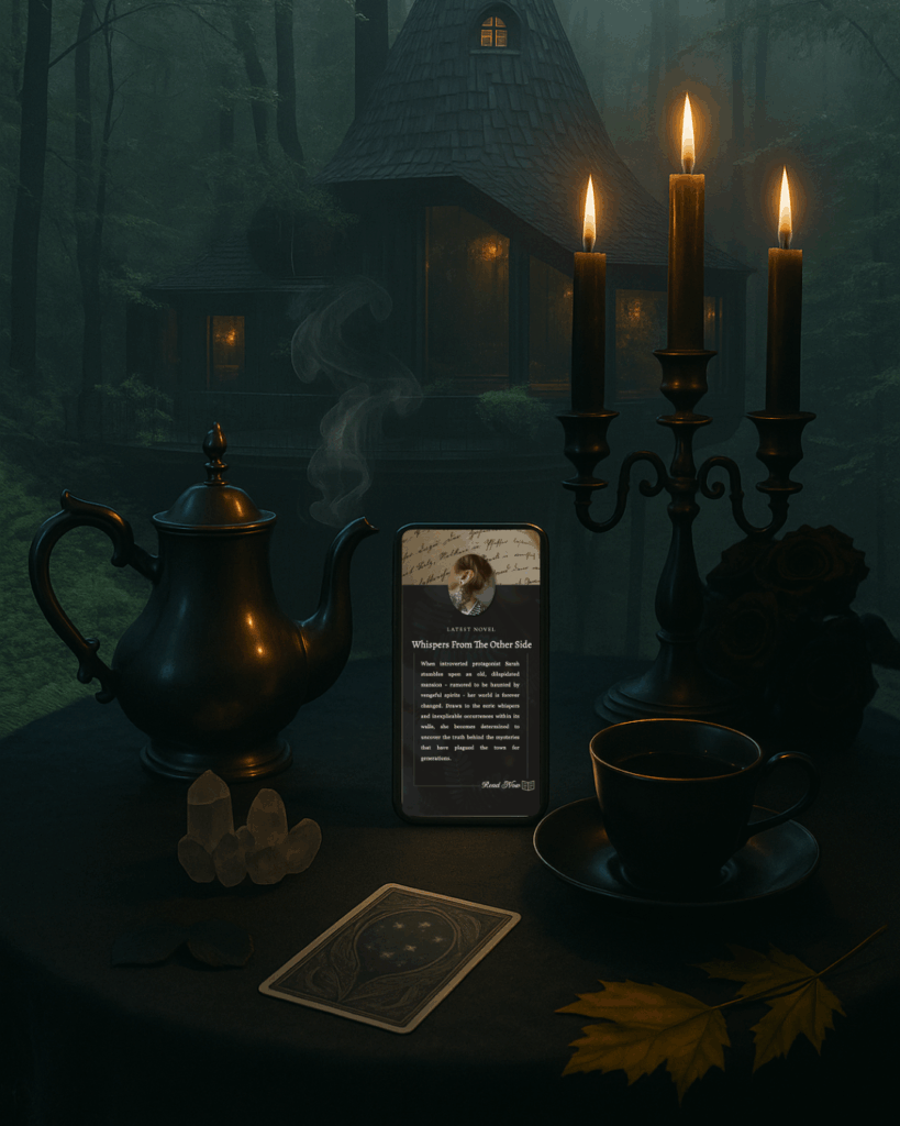 Dark academia mockup of a smartphone on a gothic tea table with candles, tarot card, and a forest cabin in the background, styled for Instagram template display.
