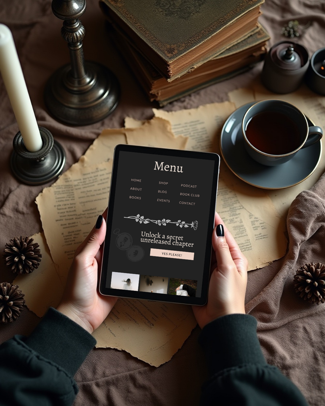 Tablet mockup showing Dark Gothic Showit website template menu, placed on a table with old books, candles, pinecones, and a cup of tea.