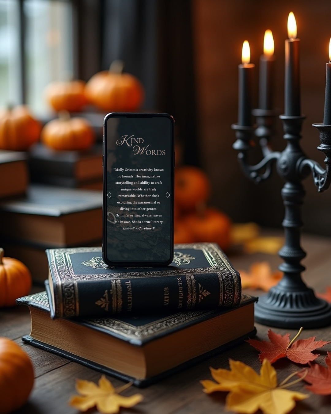 Mockup of dark gothic website template displayed on a phone, styled with pumpkins, vintage books, and candles for a cozy Halloween atmosphere.