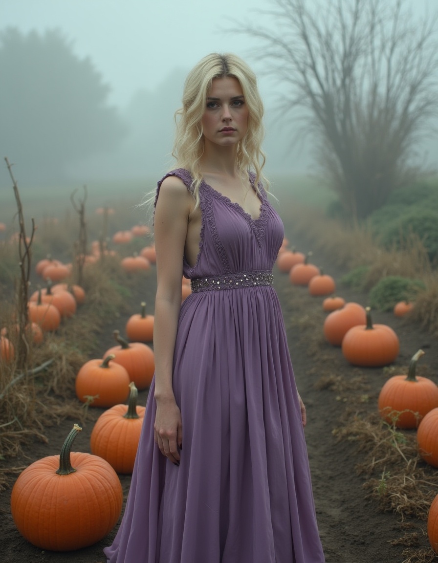 A woman in a flowing lavender gown stands in a misty pumpkin field, embodying a hauntingly beautiful gothic aesthetic. The fog, muted tones, and autumn atmosphere evoke cozy digital haunting and Victorian-inspired moods.