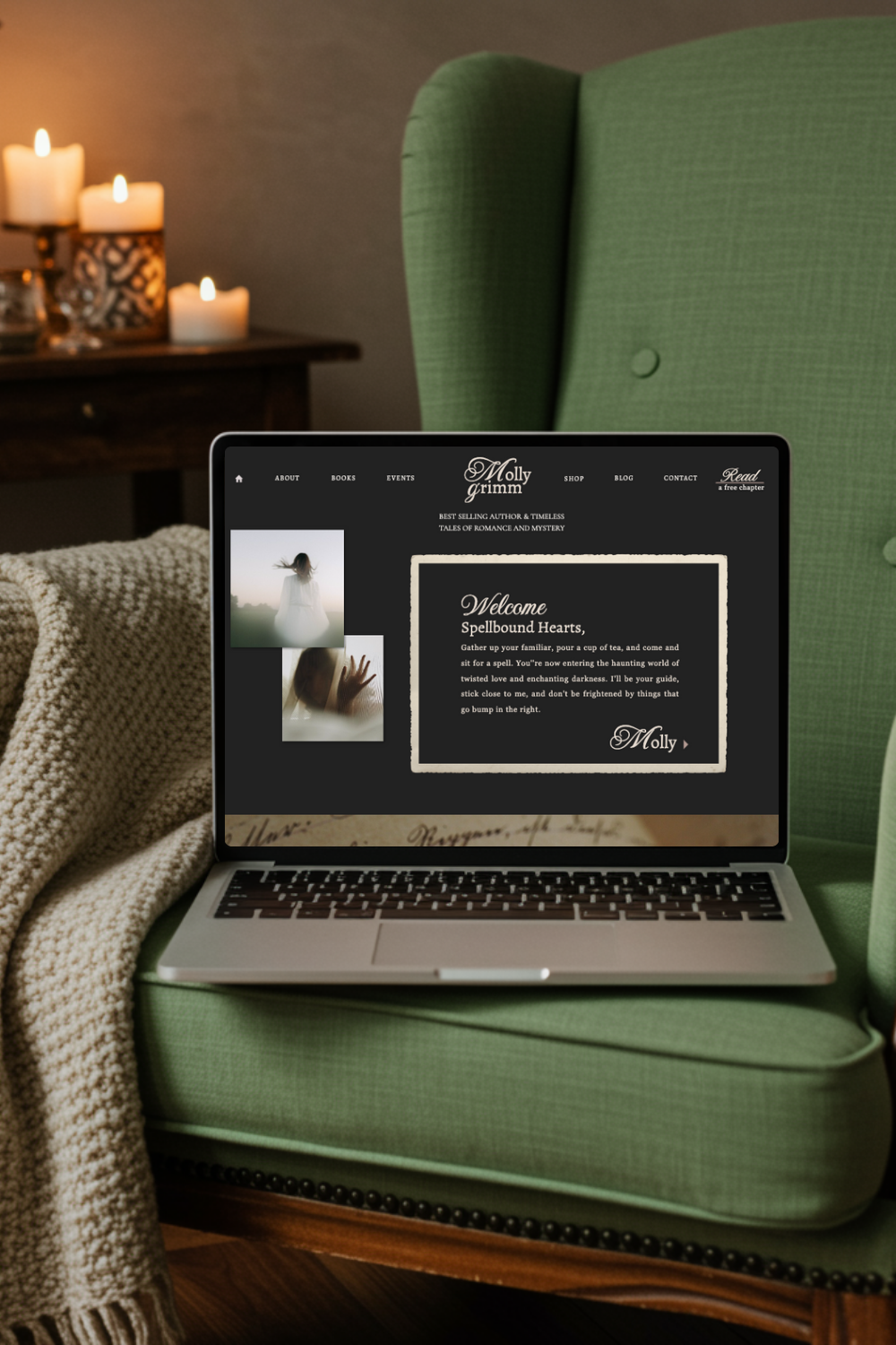 Laptop mockup showing Molly Grimm’s gothic author website on a green armchair with candles in the background.