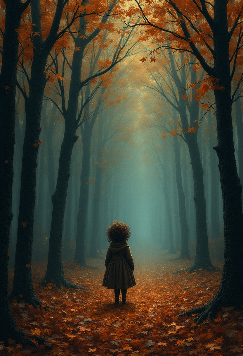 Child standing in a misty autumn forest surrounded by orange leaves, evoking a gothic and mysterious atmosphere.