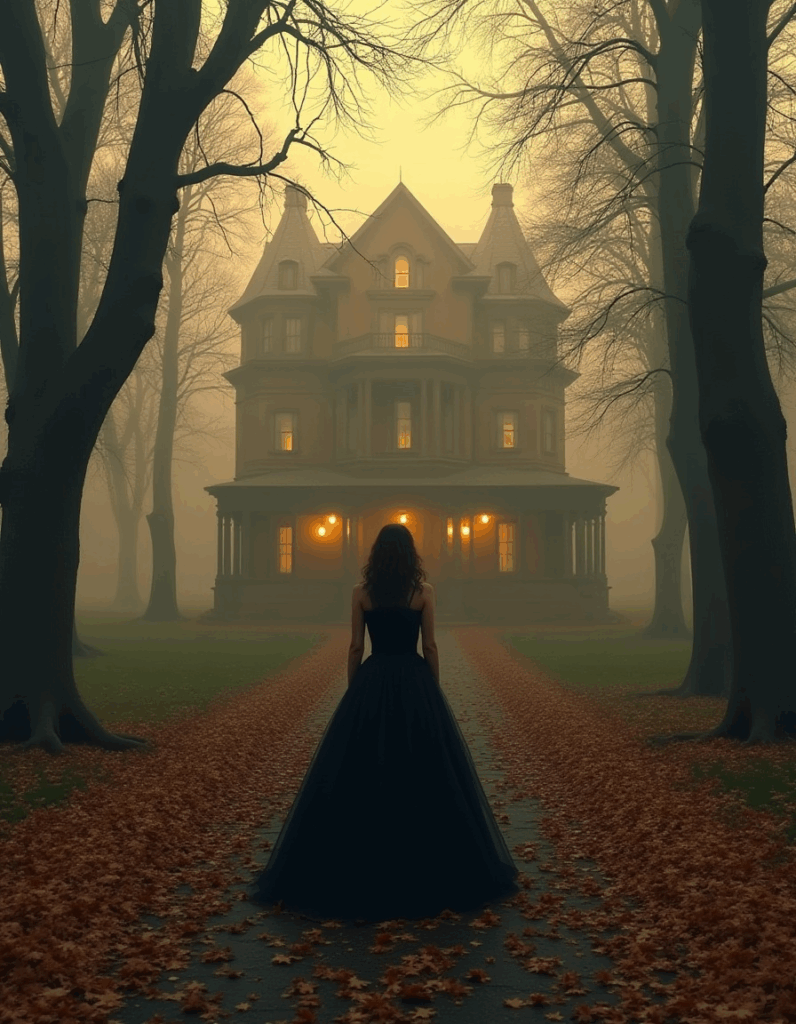 A lone woman in a dark Victorian gown stands on a leaf-covered path, facing a fog-shrouded mansion with glowing windows. Bare trees frame the scene, creating a haunting, gothic autumn atmosphere.