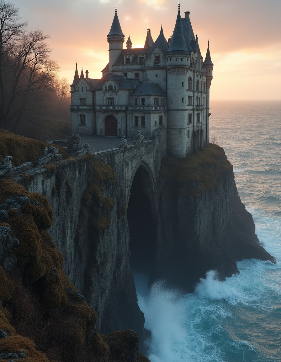 Dramatic gothic castle perched on a cliff above crashing ocean waves, with a glowing sunset in the background.