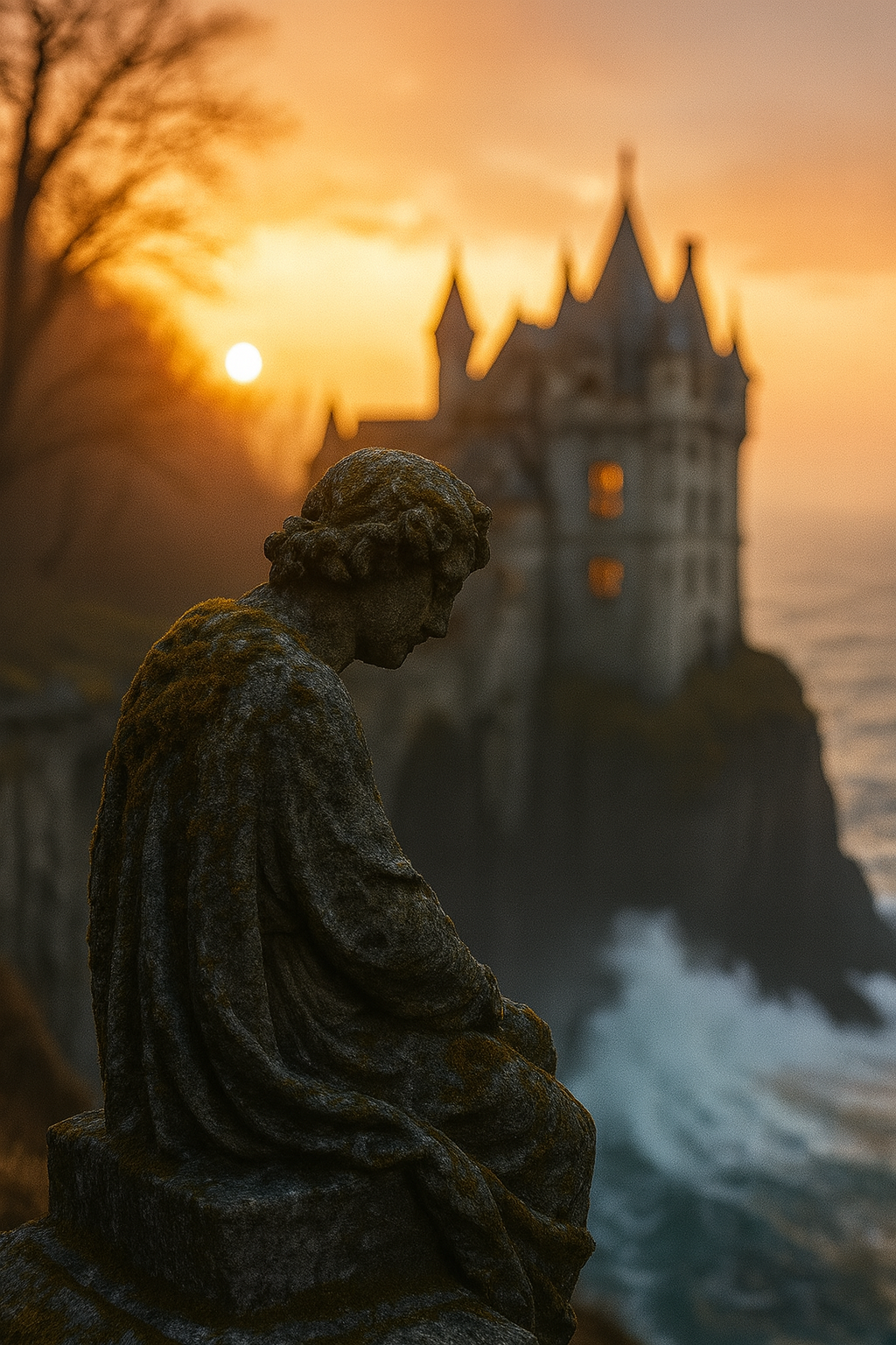 Stone statue in the foreground with a gothic castle on a cliff in the background at sunset, waves crashing below and golden light creating a dramatic, atmospheric scene.
