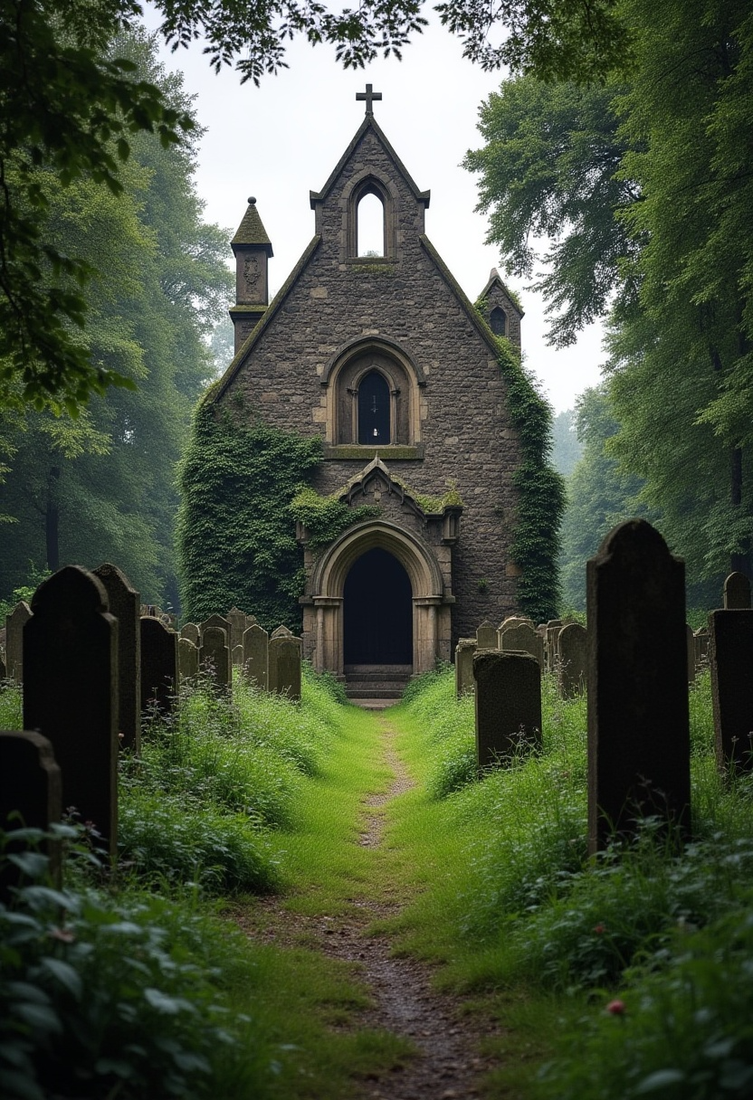 A gothic stone chapel with ivy-covered walls stands at the end of a grassy path surrounded by old gravestones in a quiet cemetery.