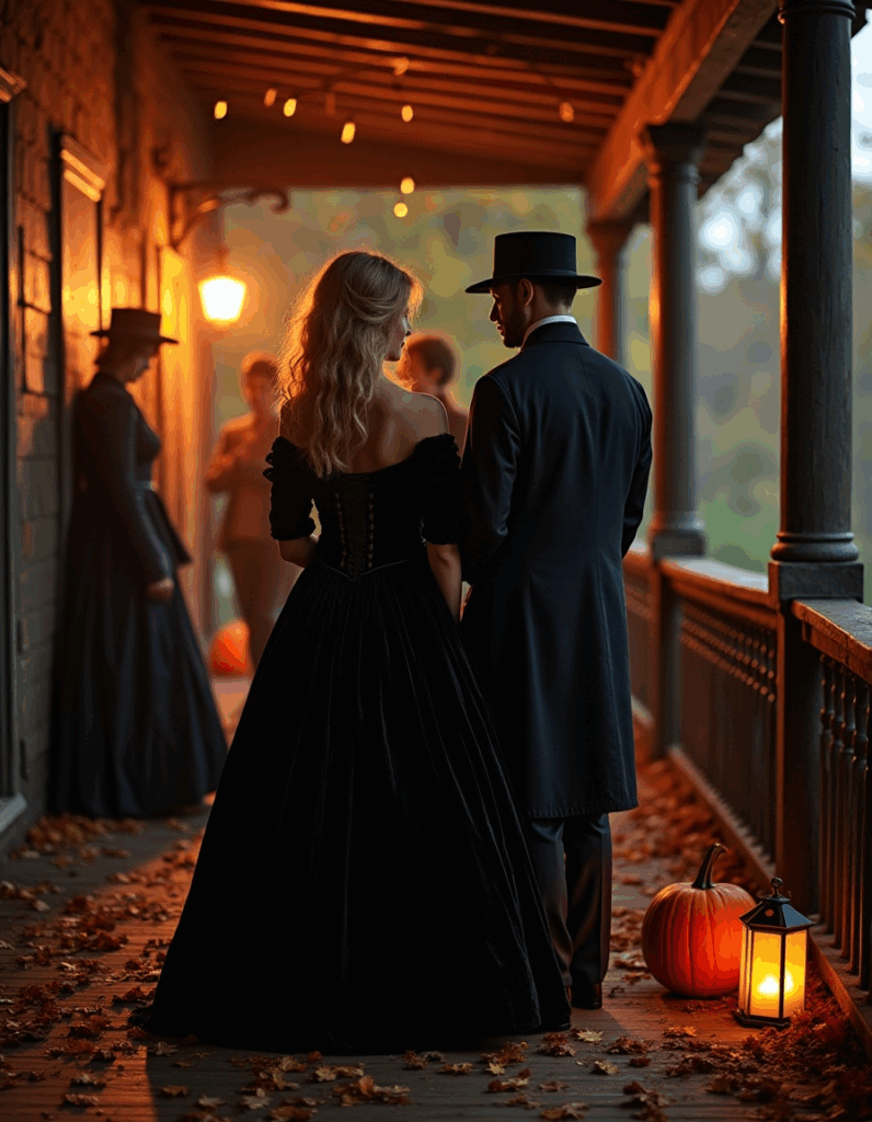 Gothic couple in dark formal clothing standing on a porch with pumpkins, lanterns, and autumn leaves.