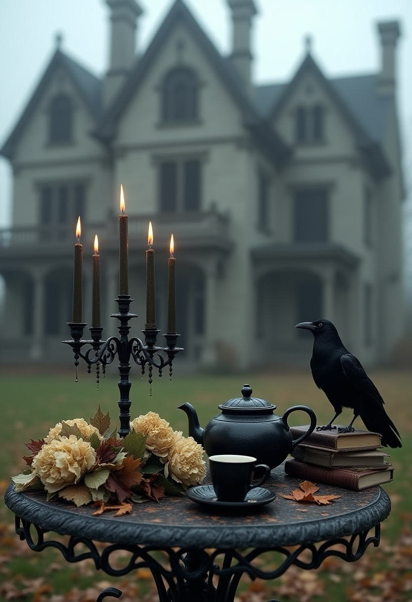 Moody gothic tea table set with a black candelabra of five lit candles, crow perched on vintage books, black teapot and teacup, and autumn leaves, with a misty Victorian mansion in the background.