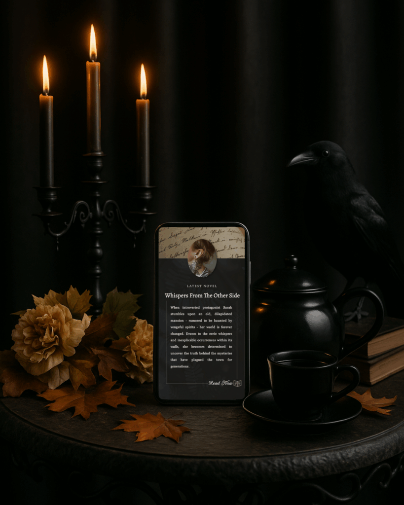 Mockup of a Gothic Showit website template on a smartphone, styled with black candles, autumn leaves, a raven, and a teacup on a dark table.