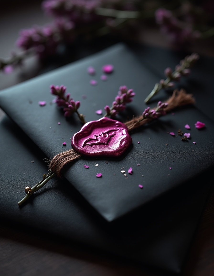 Black envelope with purple wax seal and flowers tied in twine, styled as a gothic flat lay with scattered petals.