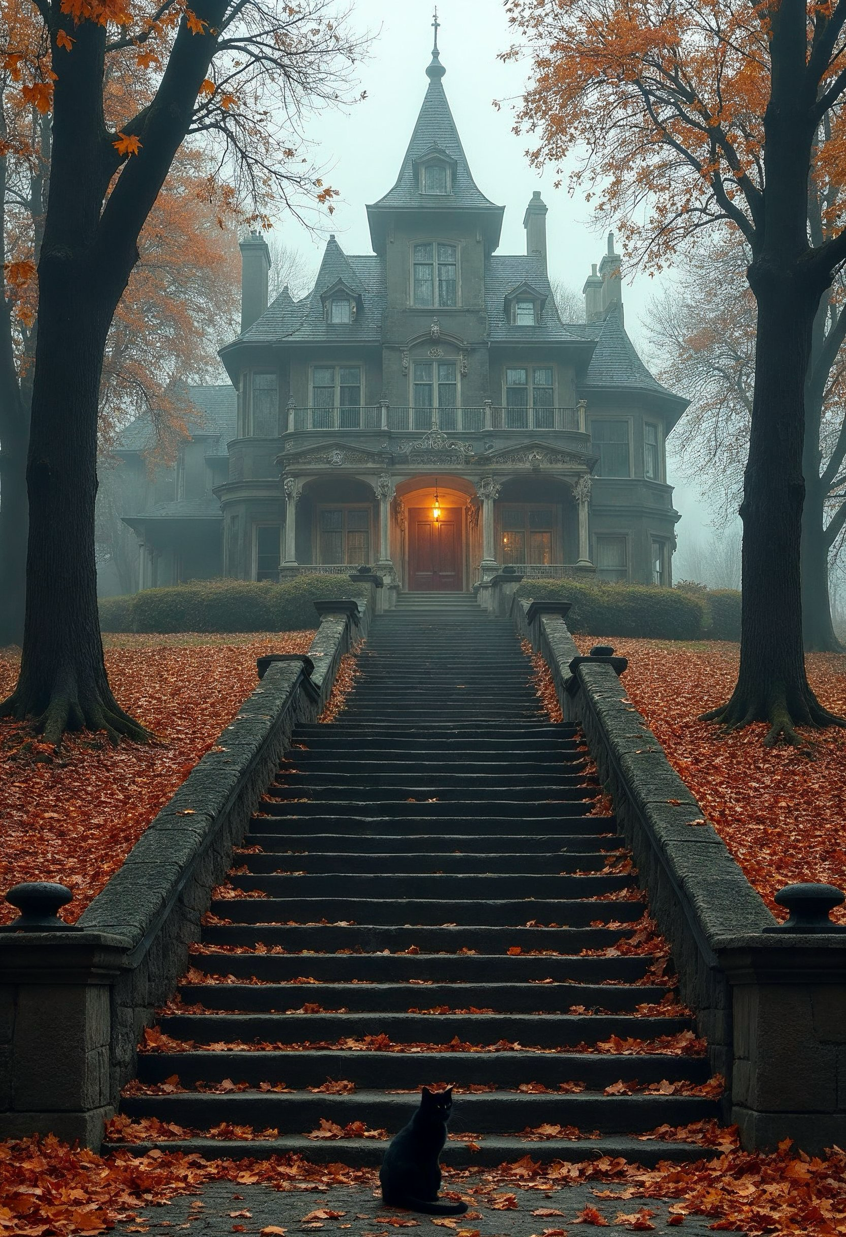 A foggy, gothic mansion with pointed turrets, warm light glowing from the doorway, stone steps lined with fallen orange leaves, and a black cat sitting at the bottom — a hauntingly beautiful autumn scene perfect for dark academia or gothic aesthetic inspiration.