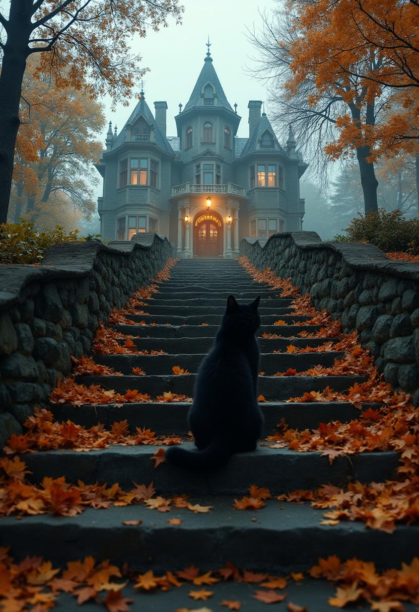 Black cat sitting on stone steps leading to a gothic mansion surrounded by autumn leaves.