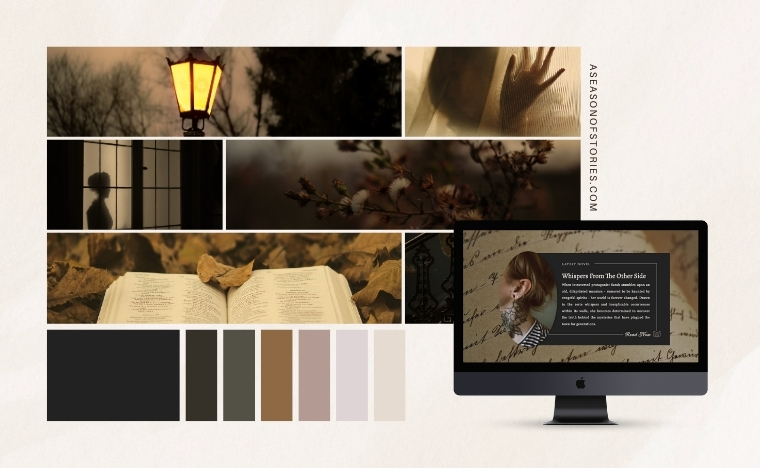 Moody gothic mood board featuring a glowing streetlamp, window silhouette, dried flowers, open book among autumn leaves, and muted dark color palette — perfect inspiration for dark academia or gothic website design.