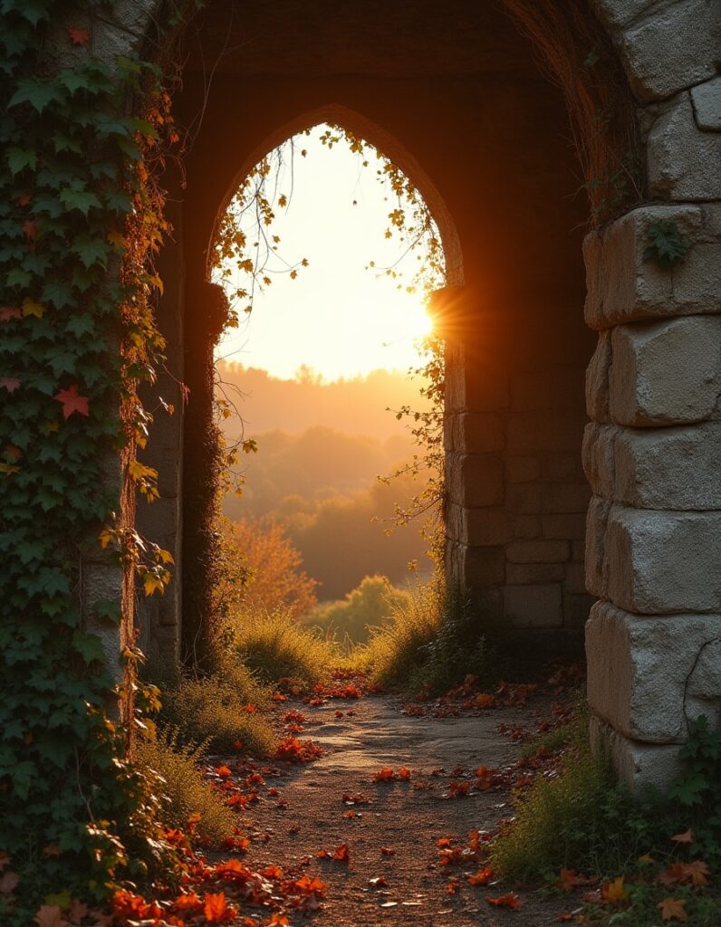 Stone archway of a ruined building covered in ivy, opening to a golden sunset with autumn leaves scattered on the ground.