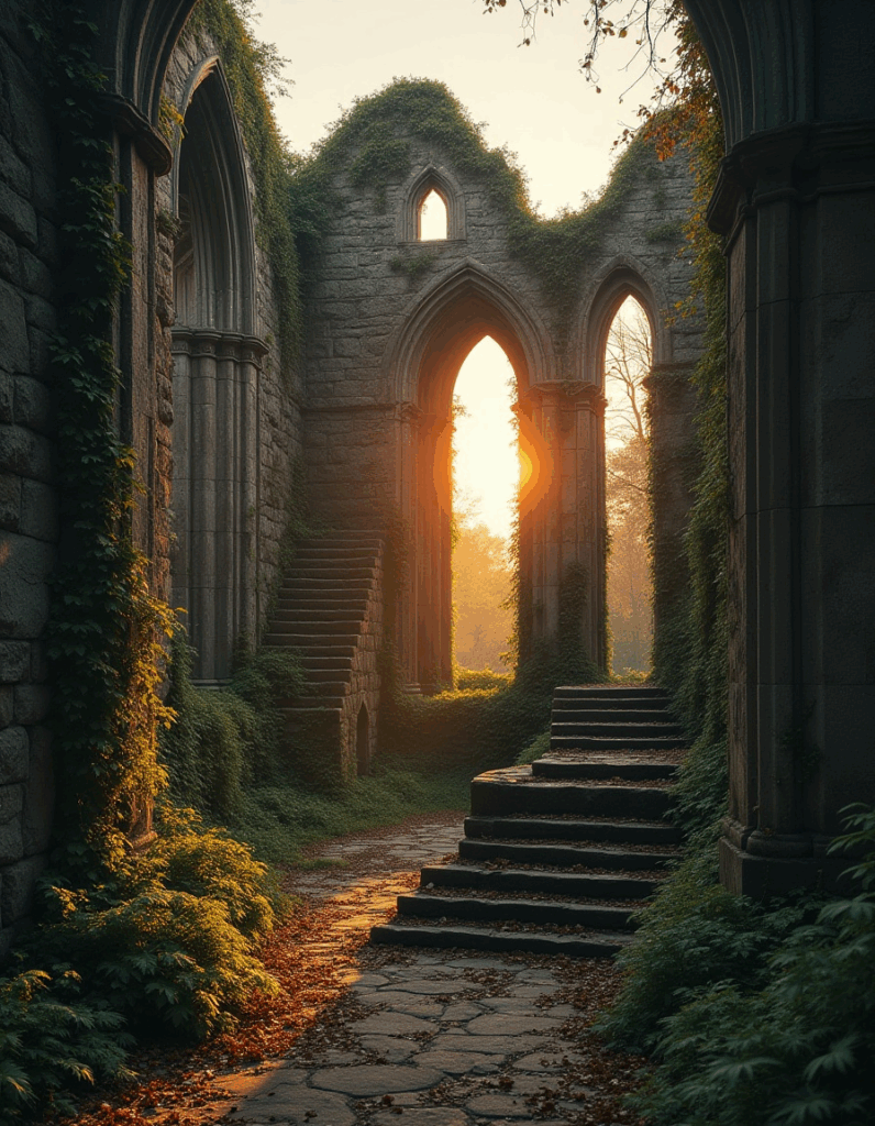 Ivy-covered stone ruins with gothic arches at sunset, golden light streaming through with autumn leaves on the ground.