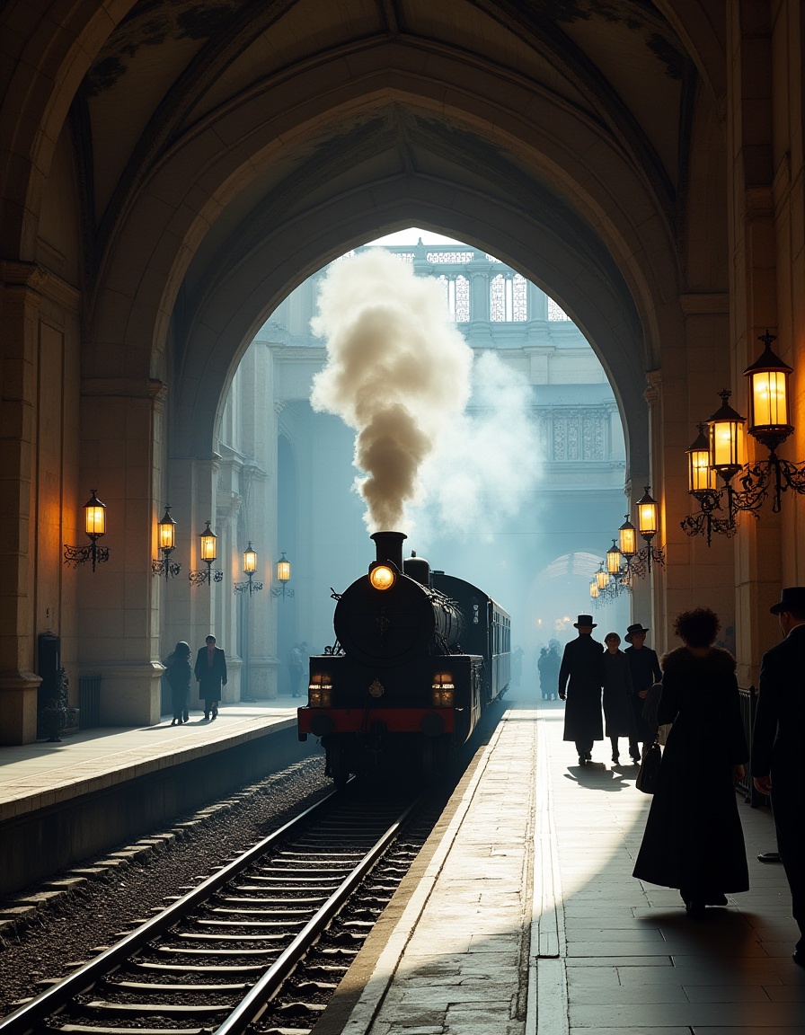 Vintage steam train arriving at a gothic-style station with people in period clothing.