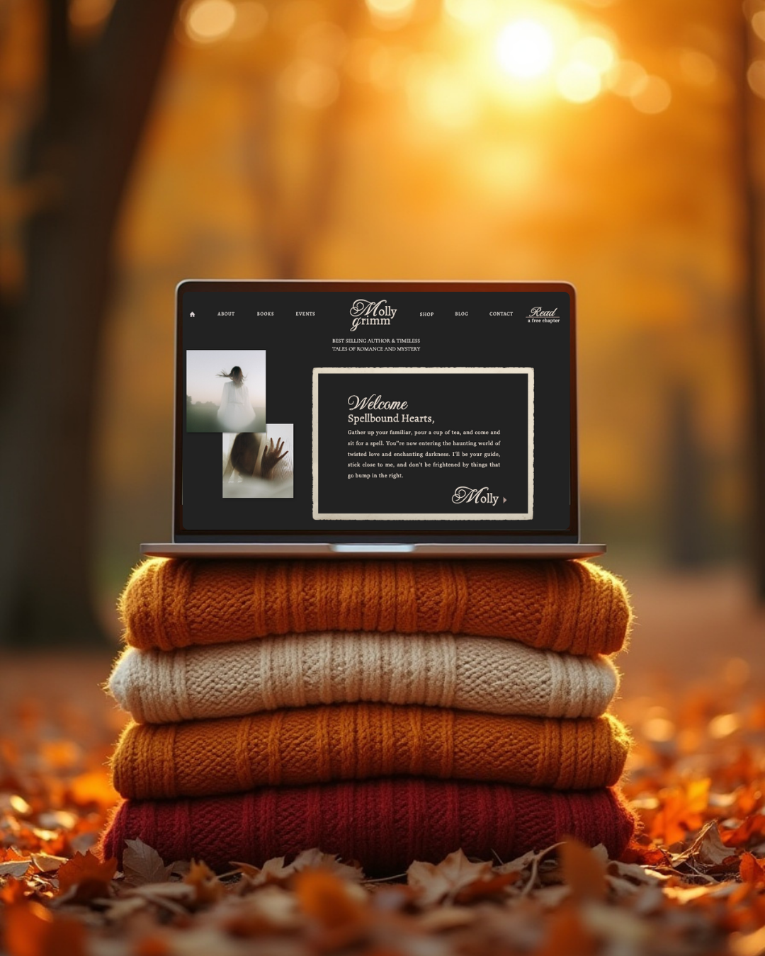 Laptop mockup of a gothic website template displayed on folded autumn sweaters with warm fall leaves and golden sunlight.