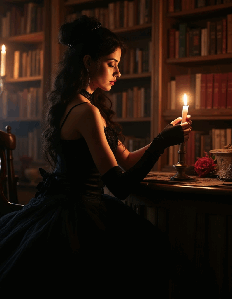 Gothic woman in a black Victorian-style dress holding a lit candle in a library with shelves of old books.