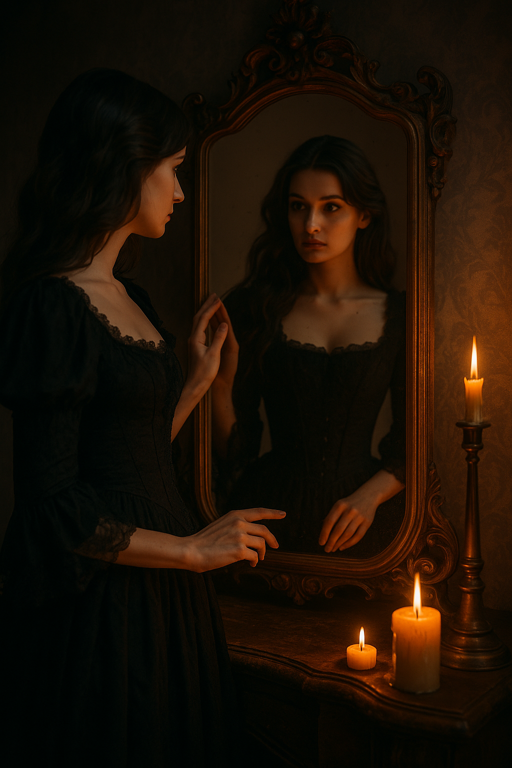 A woman in a vintage black gothic dress stands before an ornate antique mirror, gazing at her reflection. The scene is lit by flickering candles, creating a hauntingly romantic atmosphere.