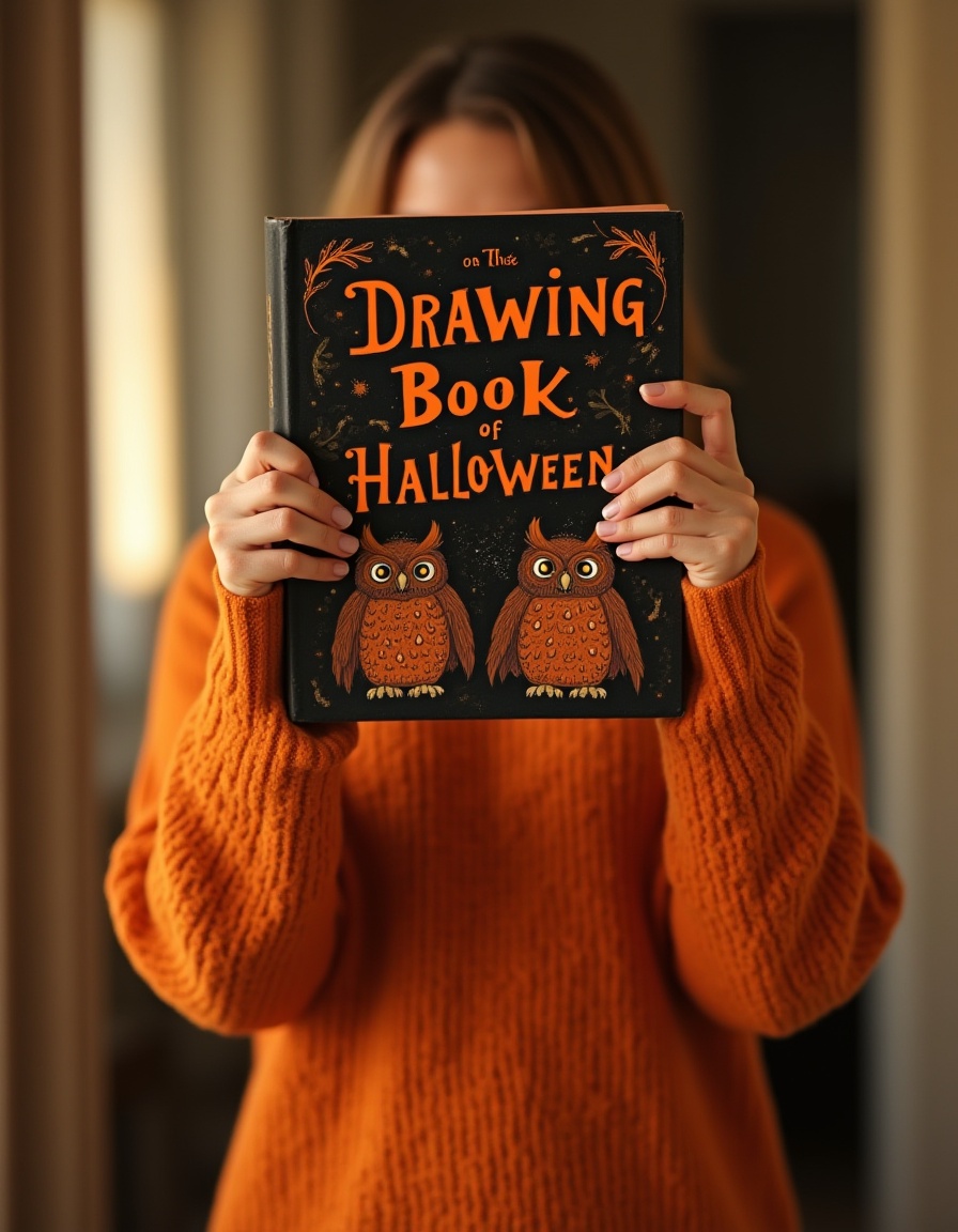 Person in a cozy orange sweater holding Drawing Book of Halloween in front of their face, creating a warm autumn aesthetic