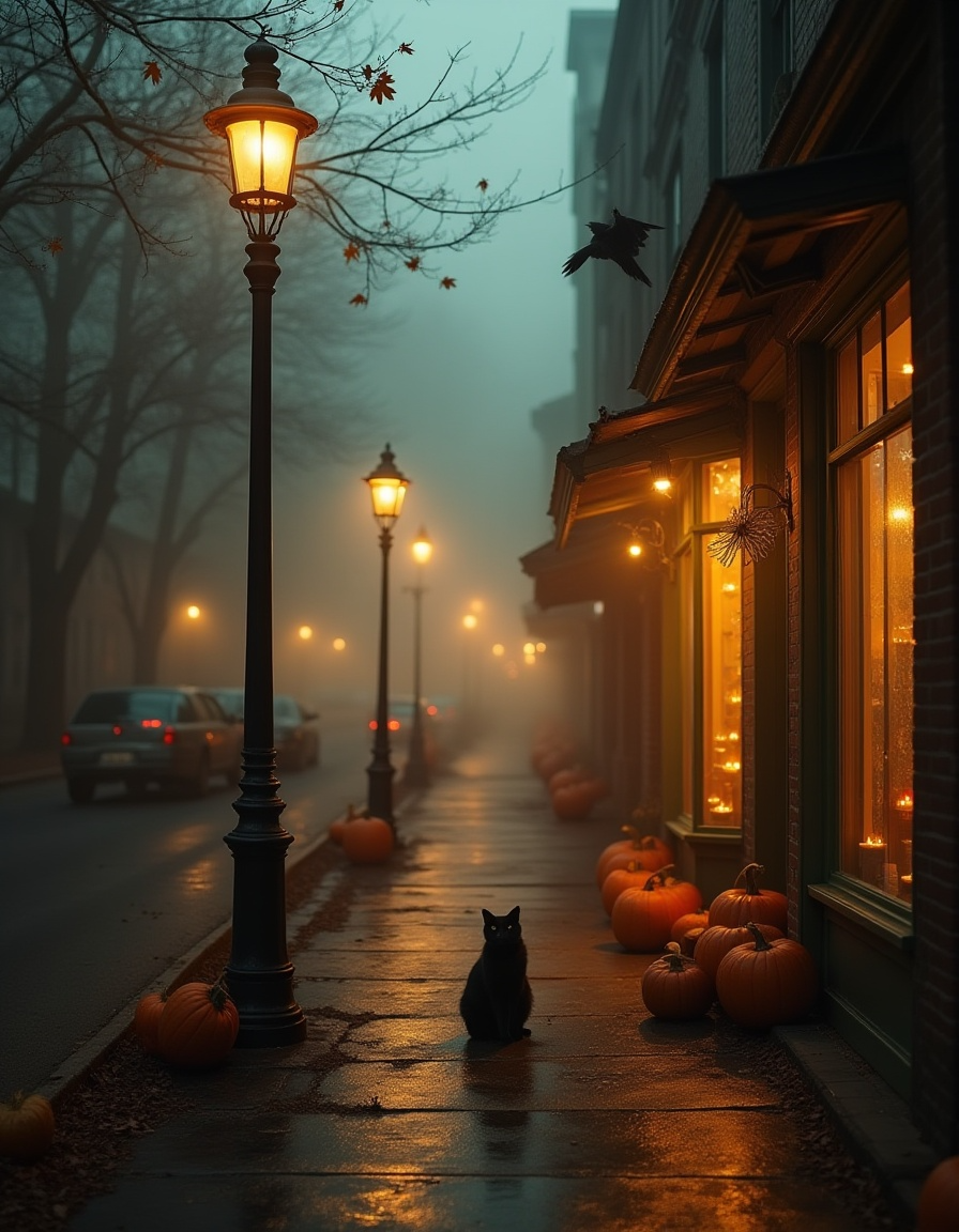 Moody Halloween street with glowing lanterns, pumpkins, black cat, and autumn fog.