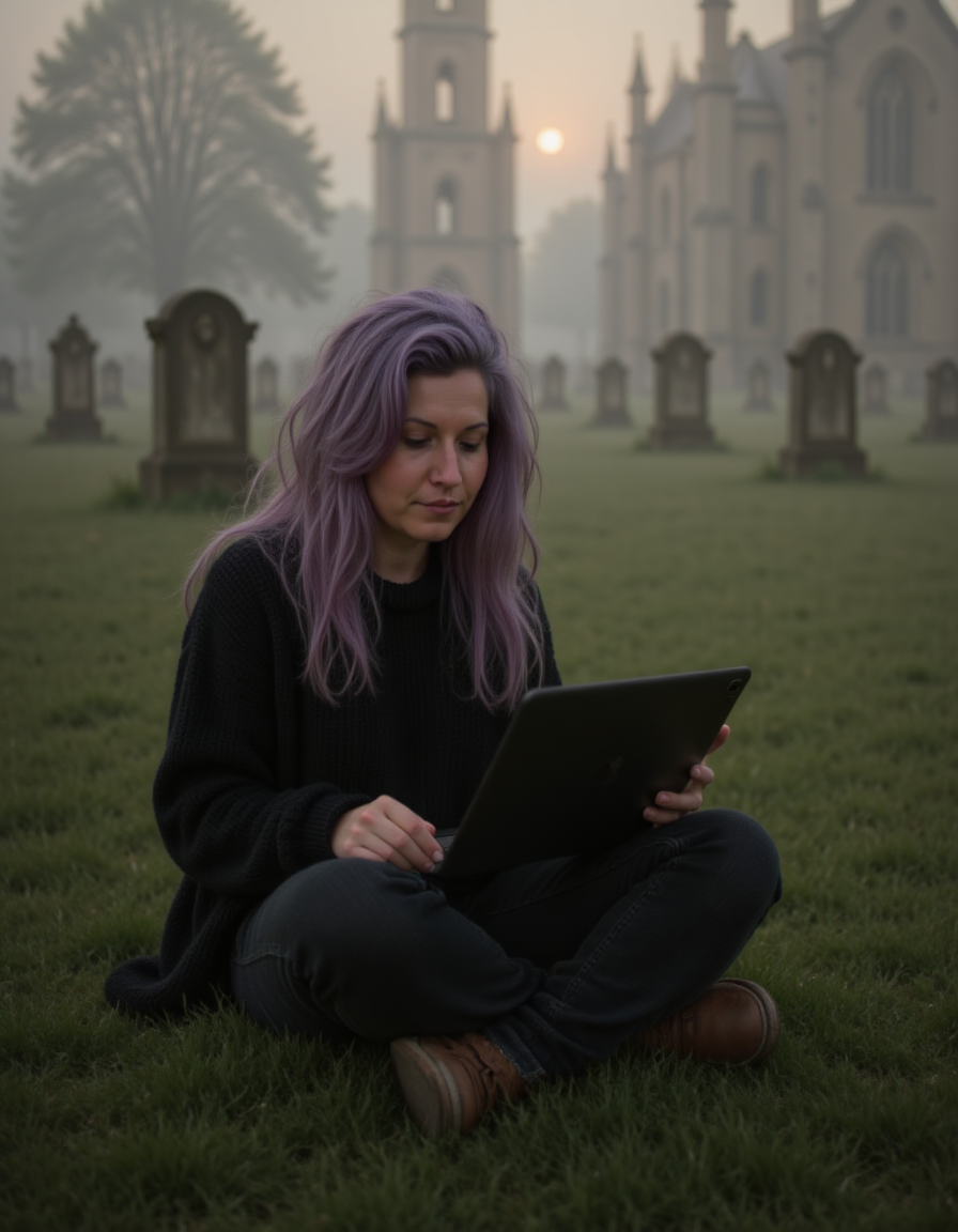 Jamie Sabot, a woman with lavender hair, sits cross-legged on the grass with a tablet, surrounded by gravestones and a gothic cathedral in the misty background.