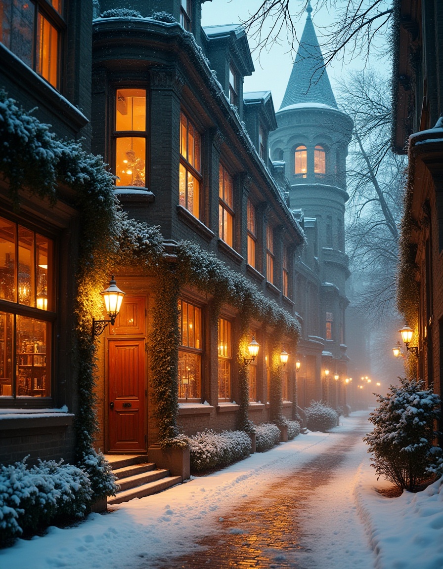 Ivy-clad gothic building with glowing windows on a snowy winter street, creating a cozy gothic atmosphere.