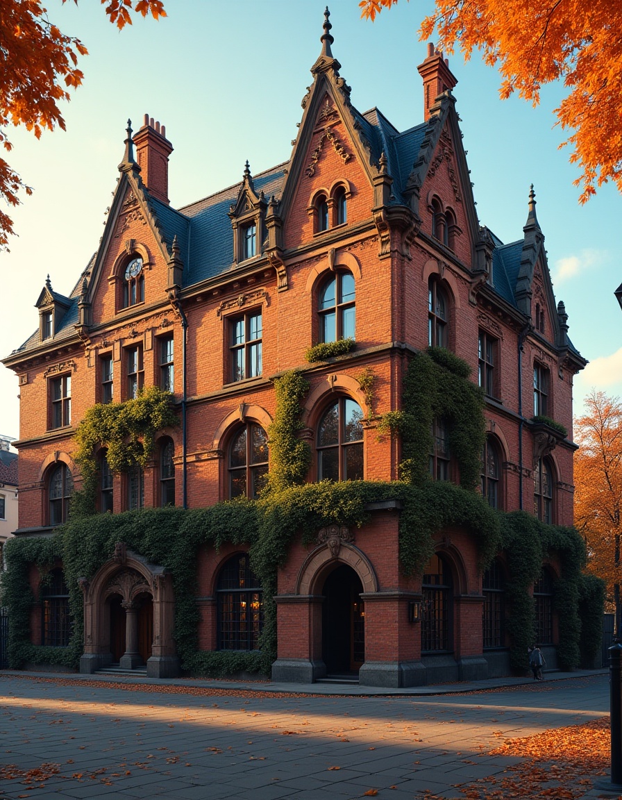 Ivy-covered gothic red brick building surrounded by autumn leaves.