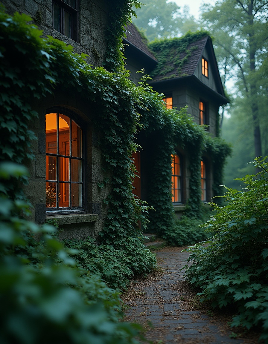 Ivy-covered stone house with glowing windows at dusk, gothic and cozy atmosphere.