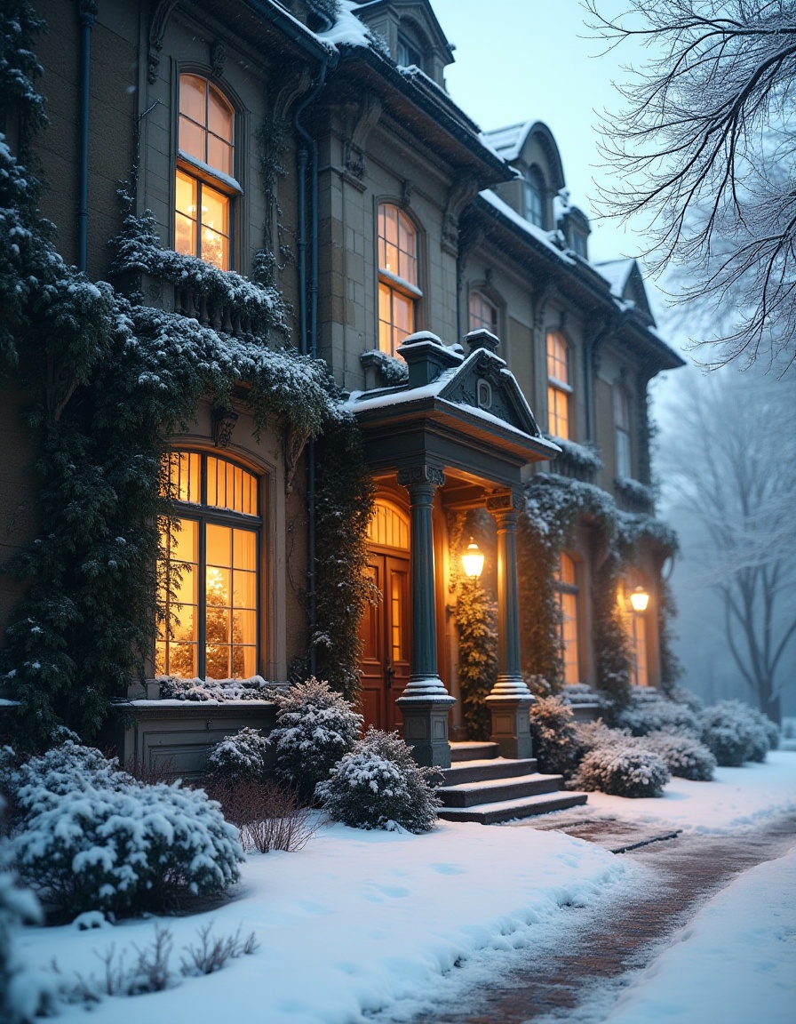 Ivy-covered gothic mansion glowing warmly with lights on a snowy winter evening.