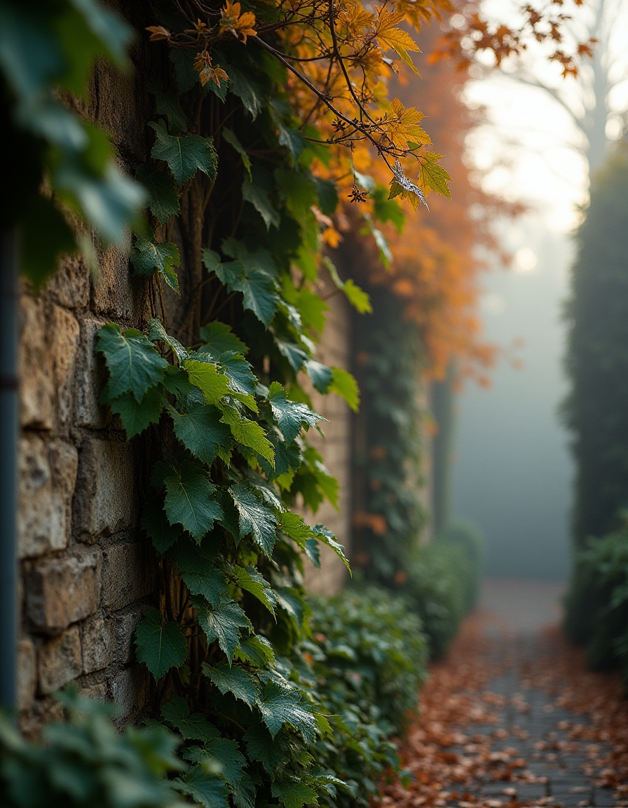 Ivy climbing a stone wall with autumn leaves and a misty path, evoking gothic atmosphere
