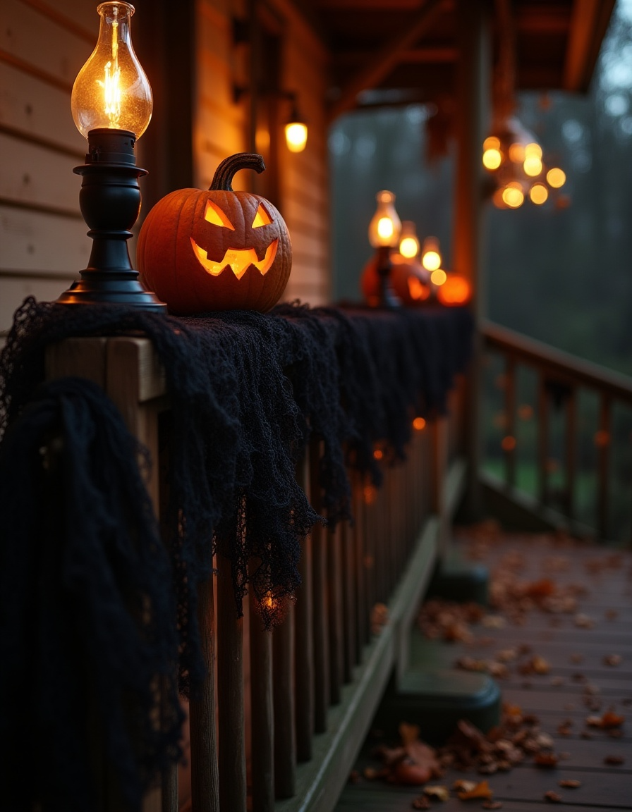 Porch railing with glowing jack-o’-lanterns, vintage lanterns, and black draped cloth.
