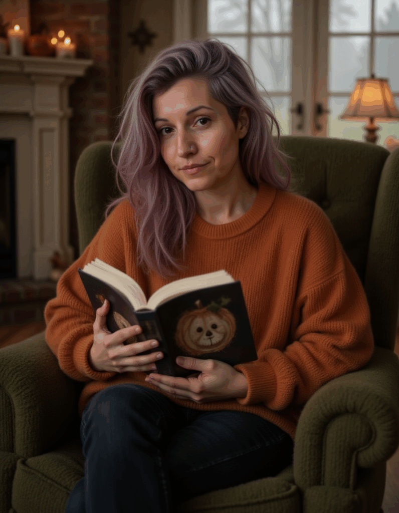 Jamie Sabot, founder of A Season of Stories, sitting in a cozy autumn setting with lavender hair, wearing an orange sweater, and reading a book by candlelight—capturing the warm, gothic aesthetic of digital haunting.