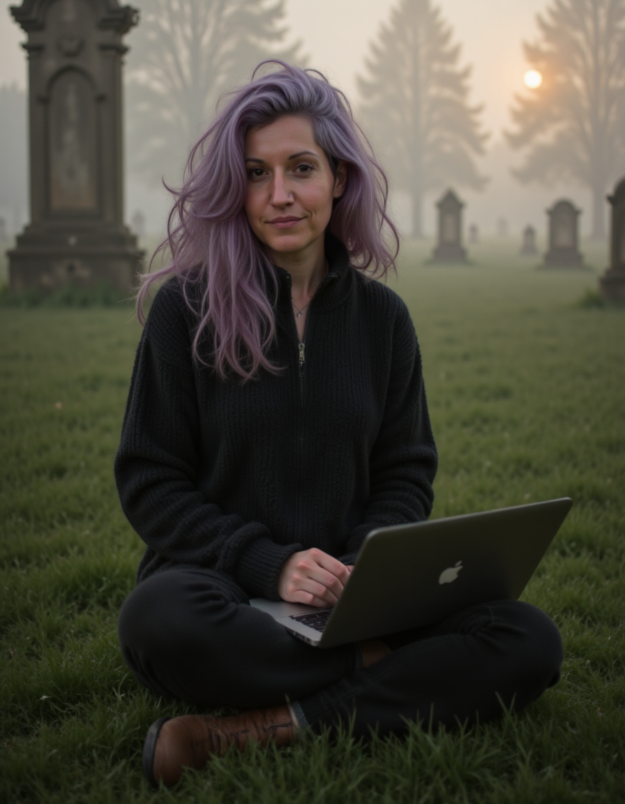 Jamie Sabot, founder of A Season of Stories, working on a laptop in a misty cemetery at sunrise, blending gothic atmosphere with creativity.